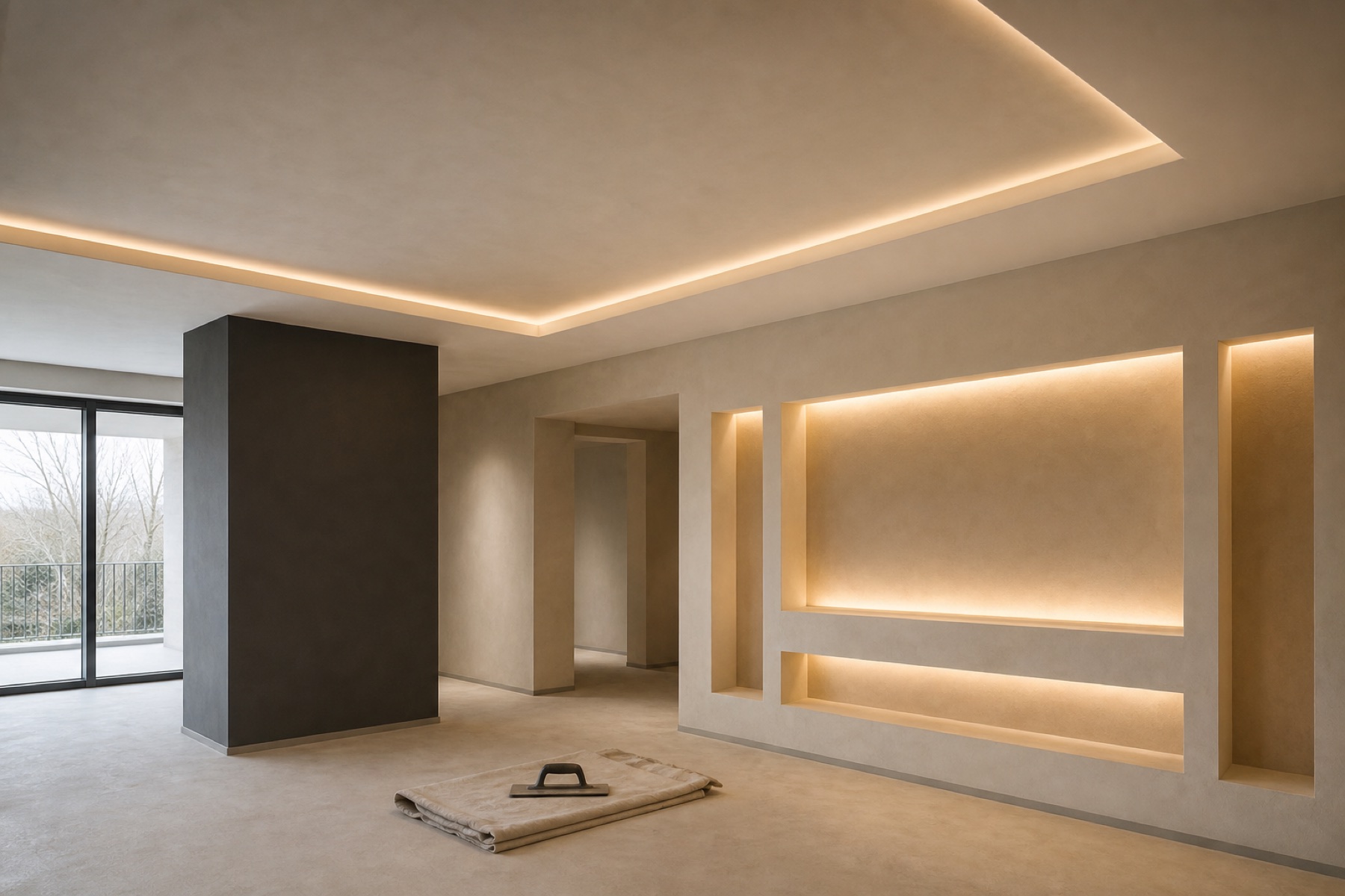 Immagine editoriale di un interno con controsoffitto, nicchie e luce integrata